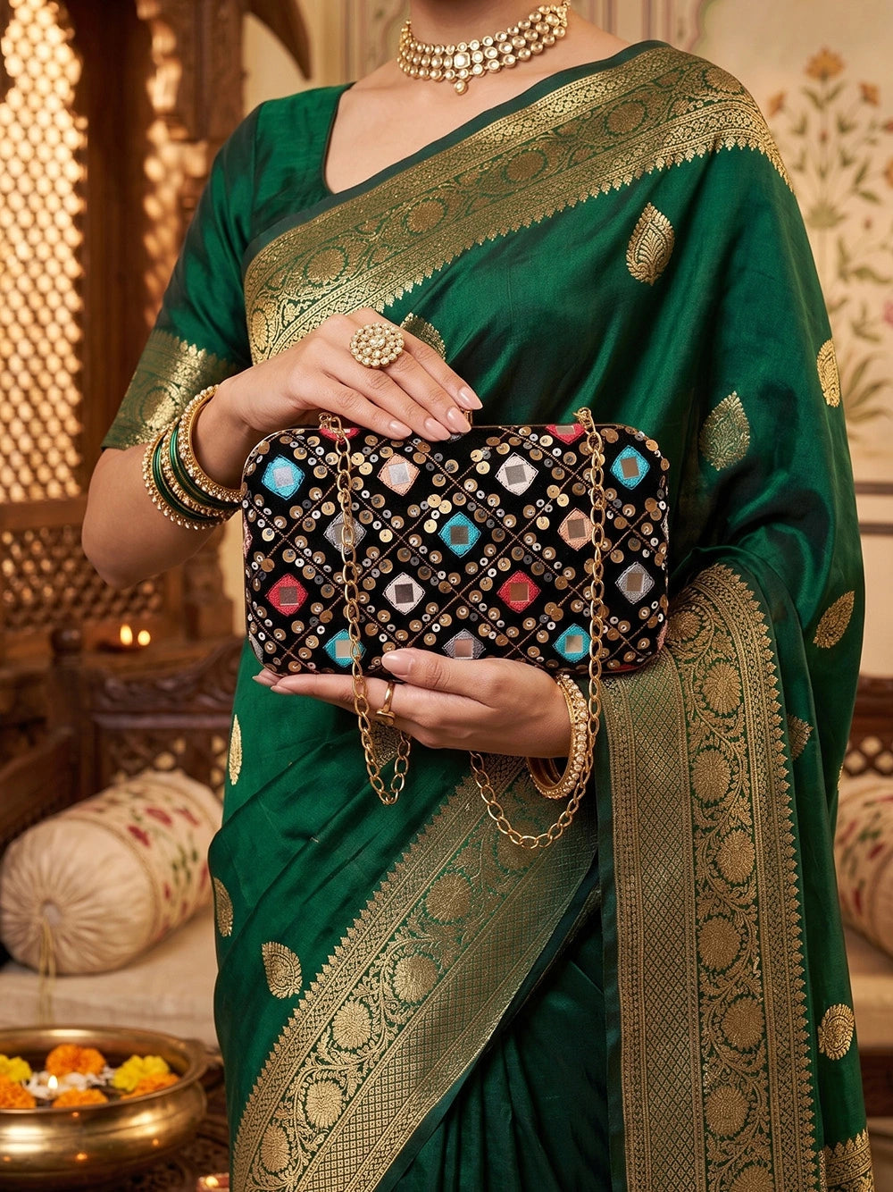 Black Vegan Leather Sequin Clutch Bag