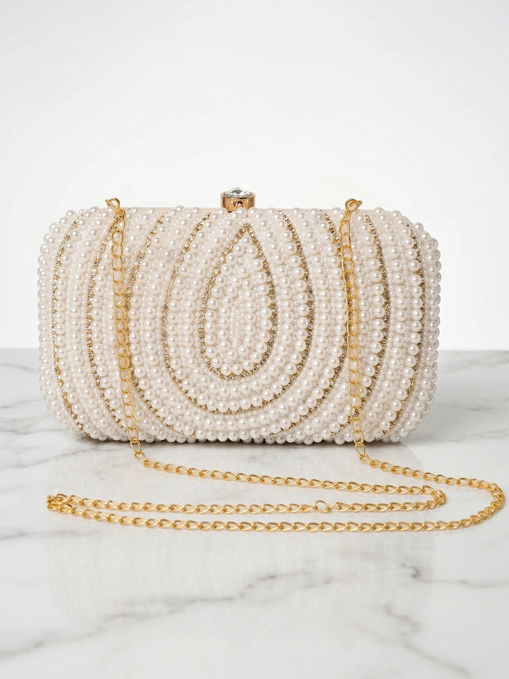 White Vegan Leather Pearl Clutch Bag