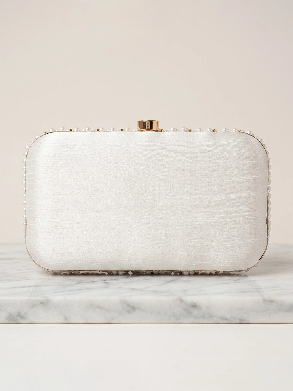 White Vegan Leather Pearl Clutch Bag
