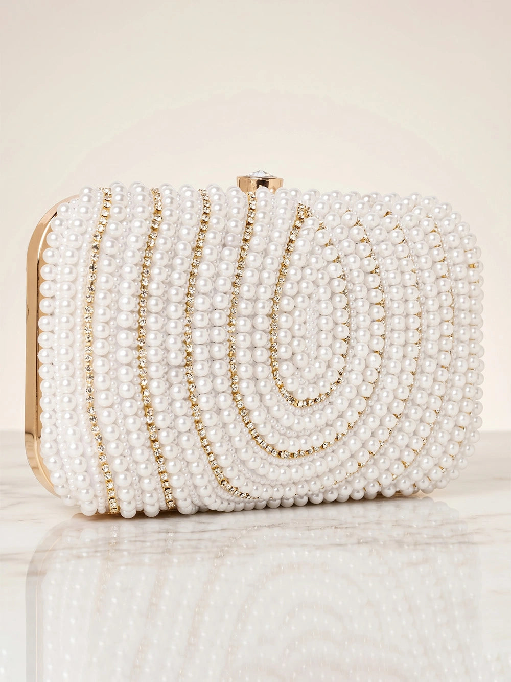 White Vegan Leather Pearl Clutch Bag
