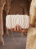 White Vegan Leather Pearl Clutch Bag