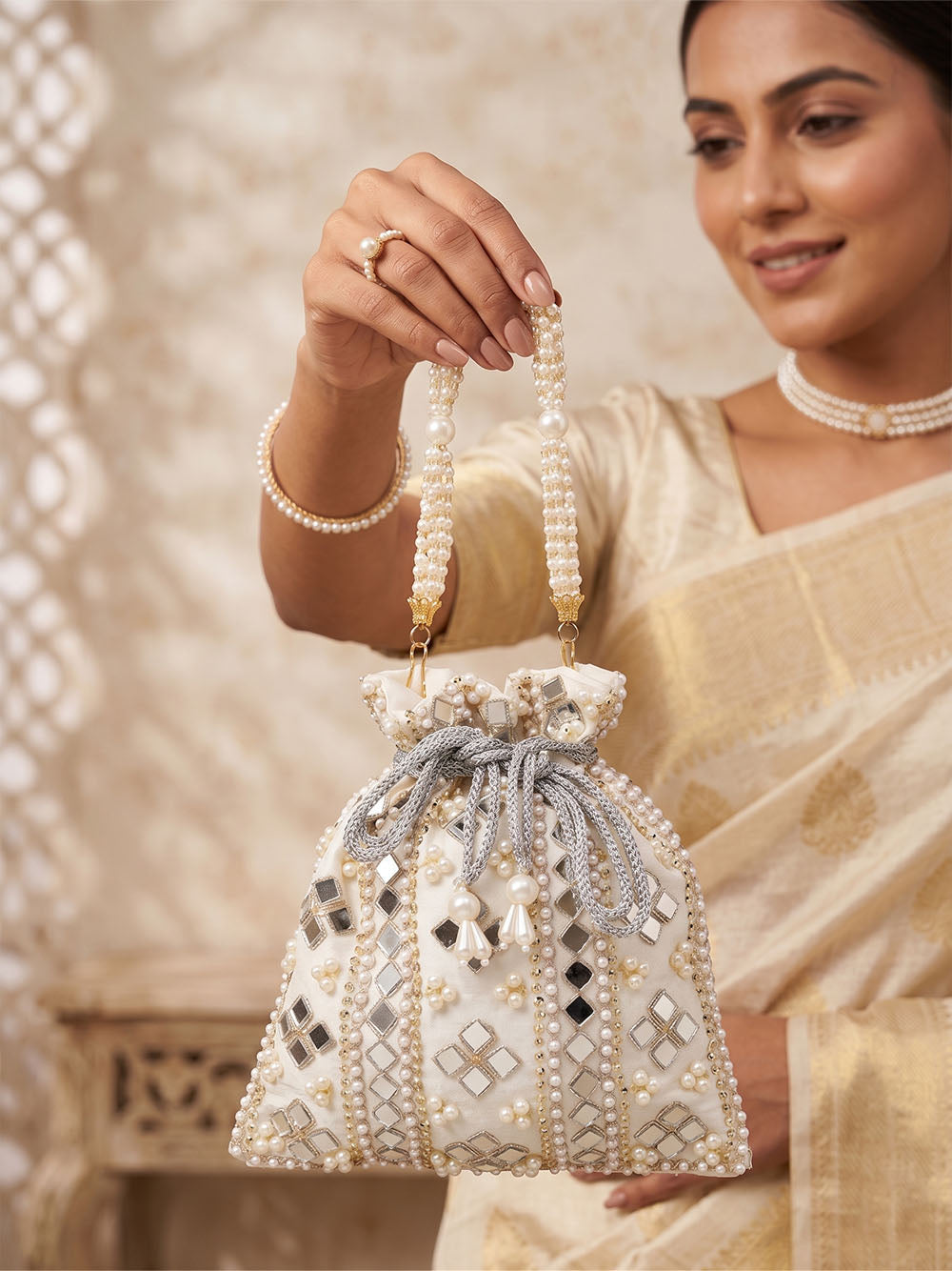 Handcrafted Women's Cream Potli