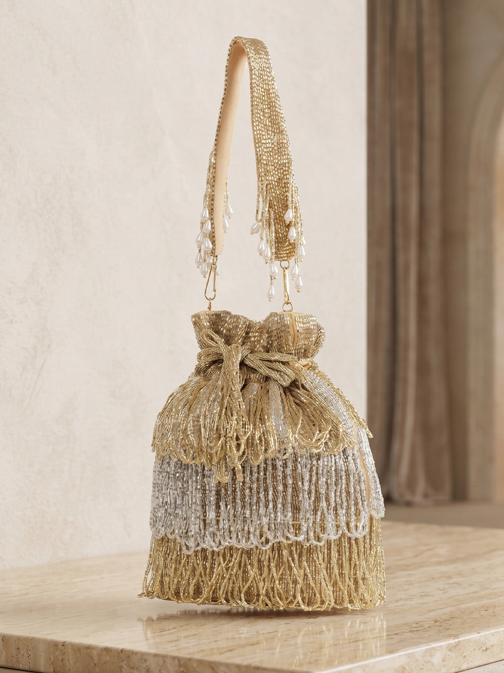Women's Gold Embellished Silk Potli