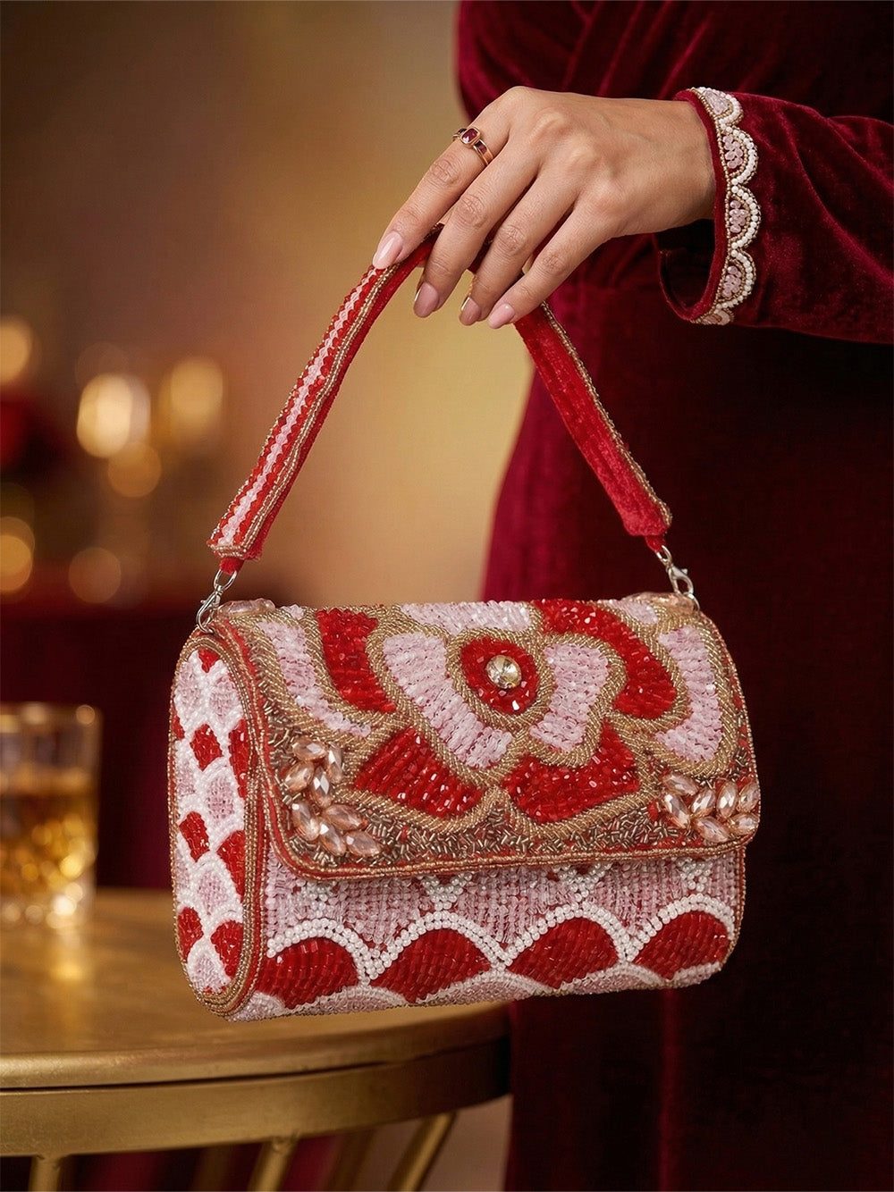 Red Floral Crystal Clutch