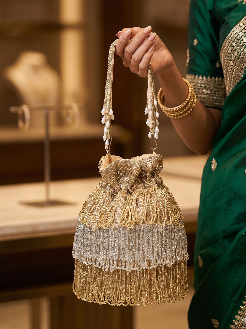 Women's Gold Embellished Silk Potli