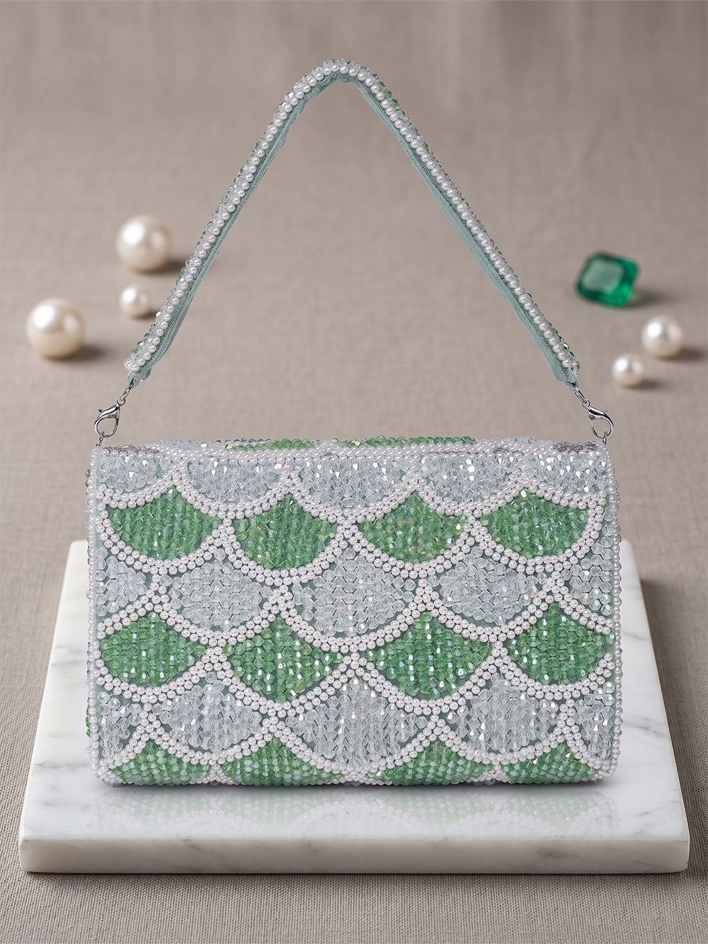 Mint & White Floral Crystal Clutch