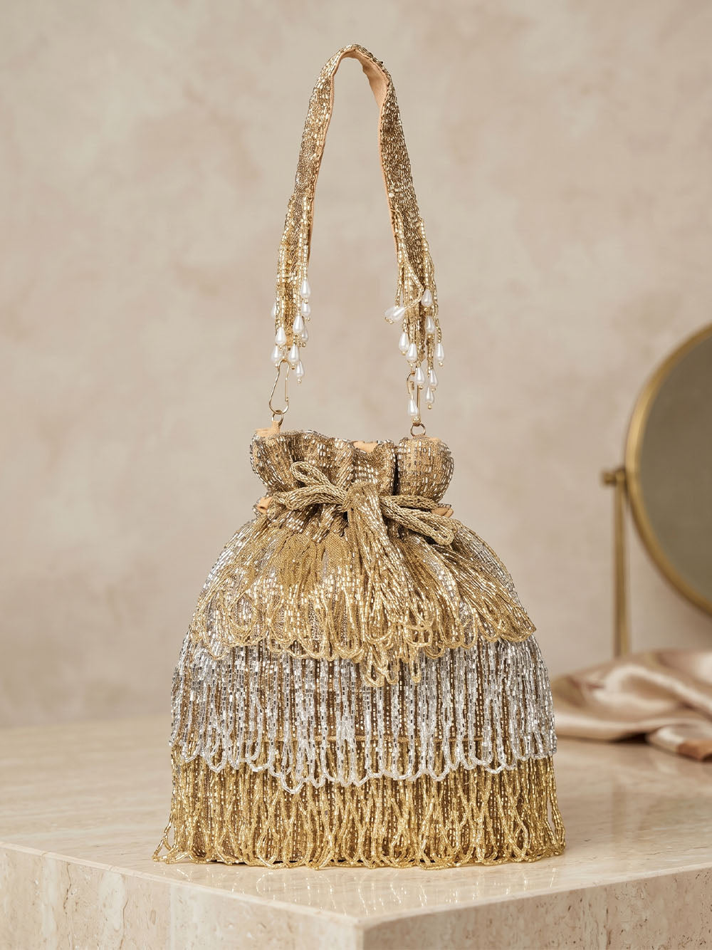 Women's Gold Embellished Silk Potli