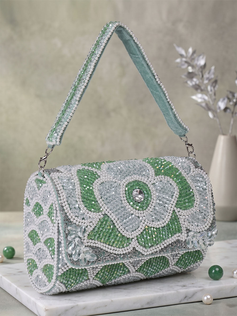 Mint & White Floral Crystal Clutch