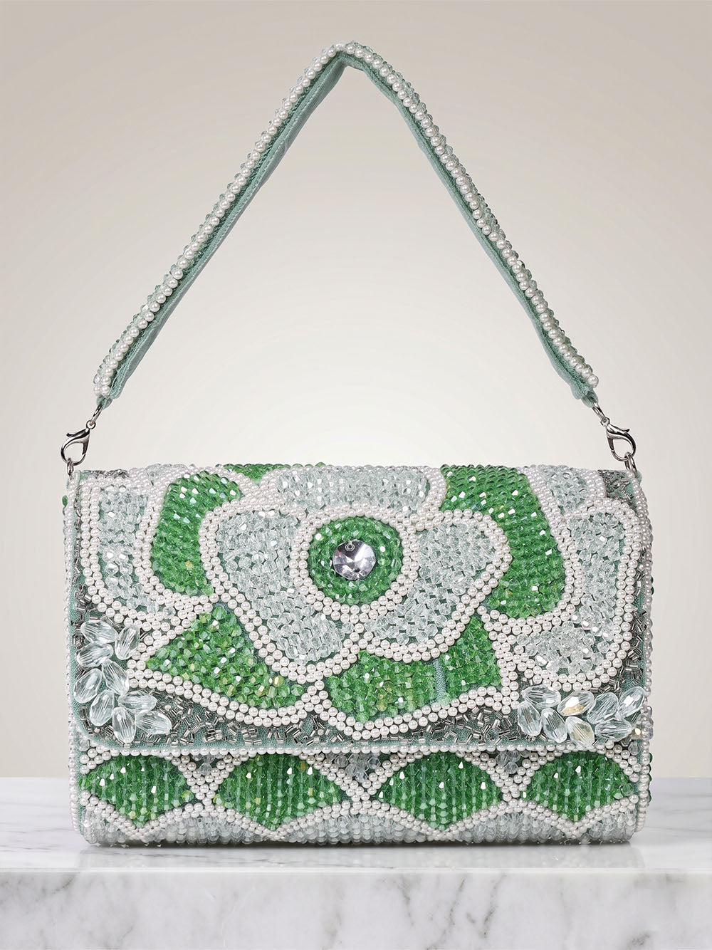 Mint & White Floral Crystal Clutch