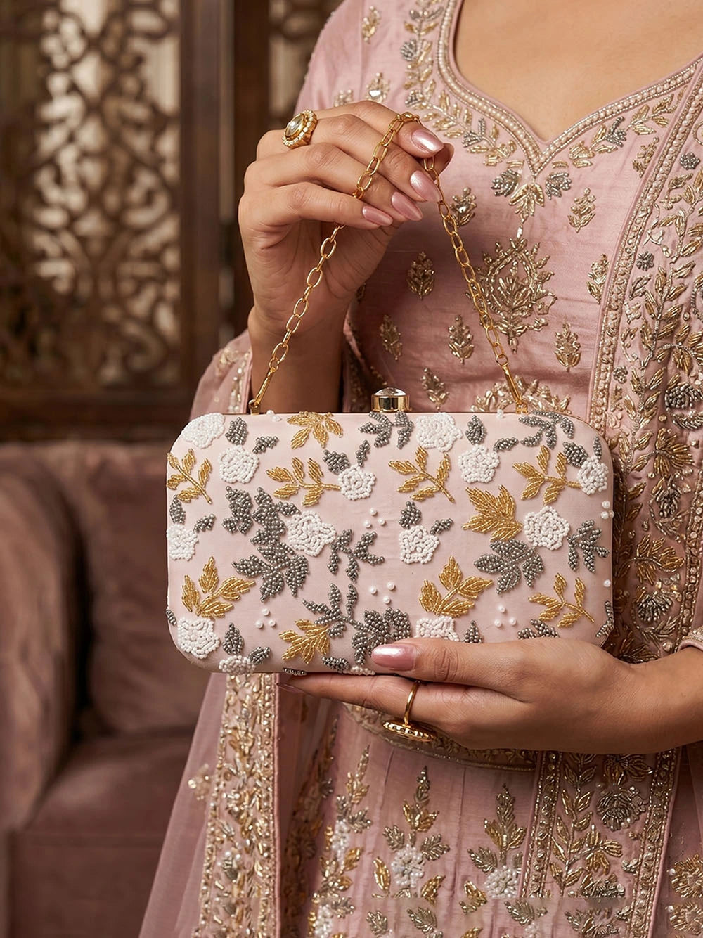 Pink Velvet Sequin Clutch Bag